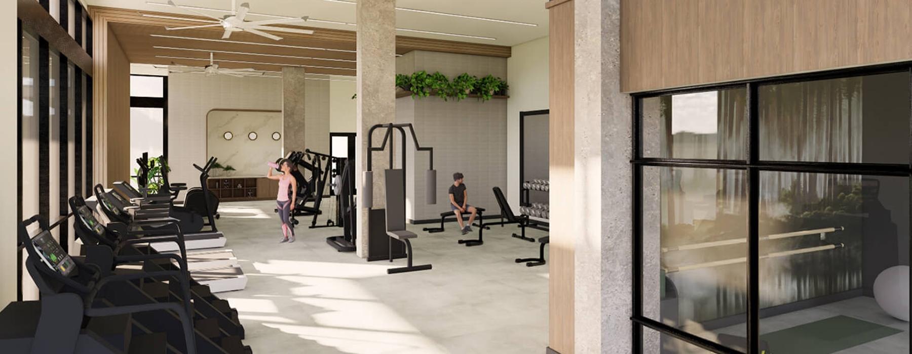 fitness area with modern accents and nearby work-spaces